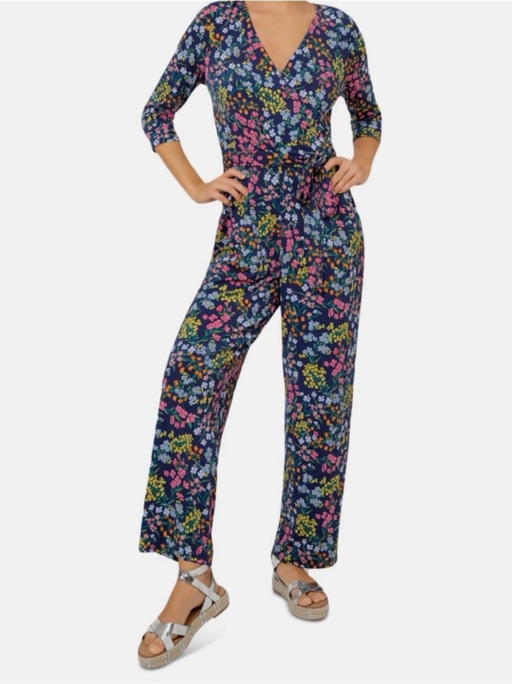 Leota Navy Floral Wrap Jumpsuit with Tie Waist Medium